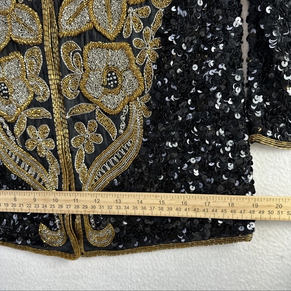 Vintage Night Vogue Black Sequin Silk Jacket Gold Embroidery Formal Sz M - Picture 7 of 10